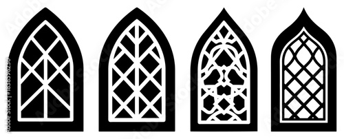 Gothic window vector set featuring pointed arch designs and church architecture elements in black silhouette style for medieval or religious projects