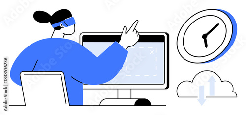 Virtual reality, digital transformation, time management, data synchronization, productivity, cloud computing. A person using a virtual interface with a computer, clock and cloud icon. Virtual