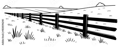 Rural landscape with wooden fence and grass field line art Countryside meadow pasture vector illustration