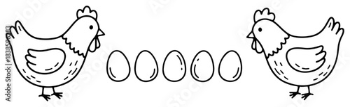 Two hens facing each other with fresh eggs in between cute farm poultry vector illustration in black and white line art style