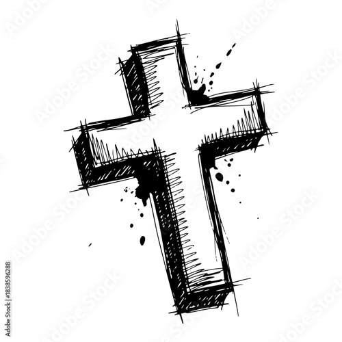 Hand drawn Christian cross sketch with grunge ink splatters and rough texture vector illustration of religious symbol