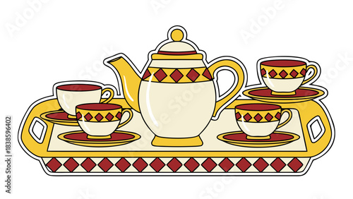 Cream Colored Teapot and Four Cups with Red and Yellow Diamond Pattern on a Yellow Tray with Red Diamond Border Elegant Serving Set for Tea Time and Relaxation