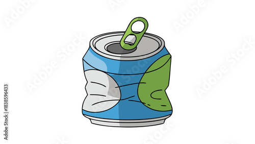 Crushed Blue and Green Aluminum Soda Can with Open Tab on Black Background Minimalist Vector Illustration