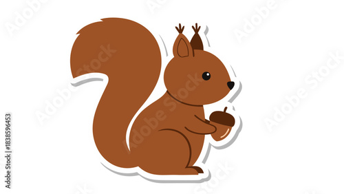 Cute Brown Squirrel Holding an Acorn Against a Black Background with White Outline Sticker Style