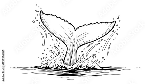 Whale tail diving into the sea with water splashes vector illustration in hand drawn sketch style