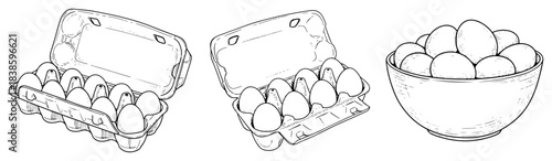 Hand drawn chicken eggs vector set featuring open carton boxes and bowl full of fresh farm produce in sketch style