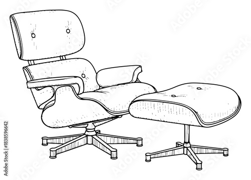 Modern lounge chair vector illustration with ottoman footrest featuring classic interior furniture design in hand drawn sketch style