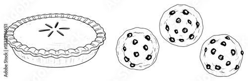 Hand drawn apple pie and chocolate chip cookies set Sweet dessert pastry vector illustration sketch