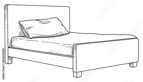 Single wooden bed with pillow and mattress furniture vector illustration in black and white sketch style