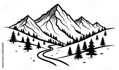 Mountain landscape with pine trees and winding road vector illustration in dotwork tattoo style