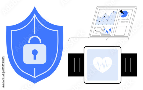Data protection, wearable health technology, digital analytics, cybersecurity, online safety, technology trends. Blue shield with padlock, health-tracking smartwatch and data chart on a laptop. Data