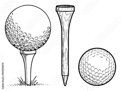Golf ball on wooden tee and equipment set Hand drawn sport vector illustration sketch
