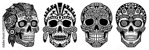 Ancient tribal skull vector set featuring intricate aztec and mayan patterns with ethnic ornaments for tattoo and history design