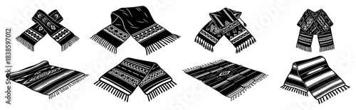 Traditional woven textile vector collection featuring mexican serape scarves and blankets with geometric patterns in black silhouette