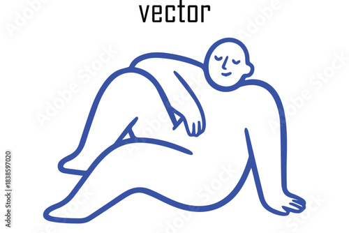 Minimalist vector illustration of a stylized plump figure reclining comfortably with eyes closed rendered in bold blue outline on a clean white background conveying relaxation and peace