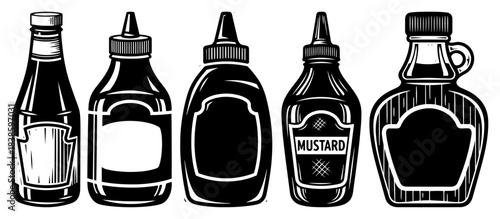 Condiment bottles set including ketchup mustard and sauces vector illustration in black and white style