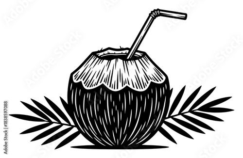 Coconut cocktail vector illustration representing fresh tropical drink with straw and palm leaves in vintage woodcut style