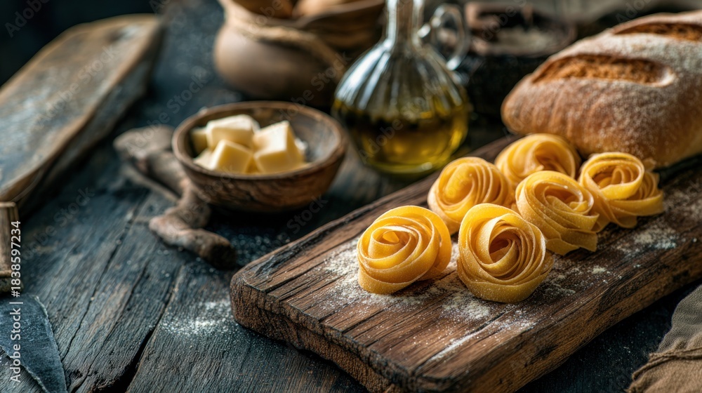 Fototapeta premium Rustic Italian Culinary Still Life with Pasta Roses and Traditional Ingredients