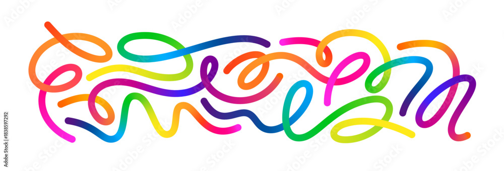 Fototapeta premium Color Gradient Line Shapes. Abstract 3D Wave Line Pattern. Vector Rainbow Gradient Swirl Ribbon Background. Squiggly Color Organic Shape Kit.