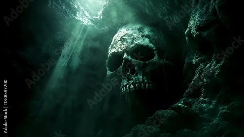 Halloween holiday promotion theme. Spooky scaring. A dark, atmospheric underwater scene featuring a large, weathered skull. The skull is surrounded by a murky, greenish hue.