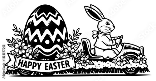 Happy Easter banner with decorated egg and bunny driving a vintage car vector illustration