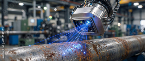advanced laser scanner inspecting rusty steel pipe in an industrial factory setting