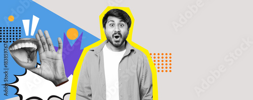 Fotografie A lively collage features a person with an astonished expression, surrounded by colorful geometric shapes and playful elements