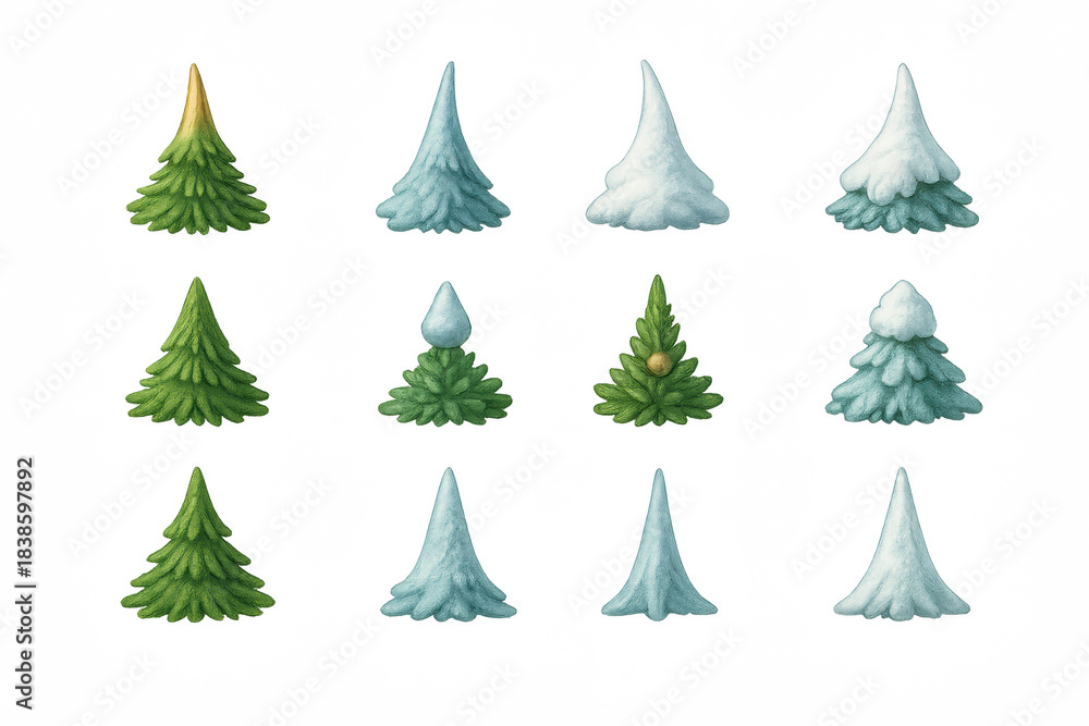 Obraz premium Hand-painted Christmas tree illustrations with snow and ornaments on a black background