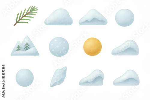 Watercolor winter elements with snowballs, snowdrifts, and fir branch on black