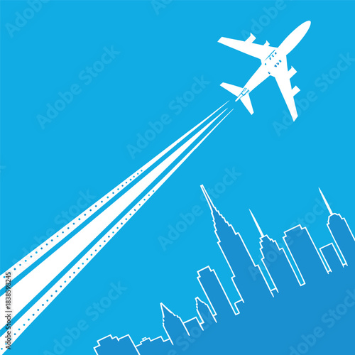 Airplane soaring above city skyline representing travel and transportation a visual metaphor.