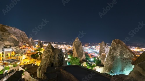 Timelapse of star trails over night cityscape of Cappadocia in Turkey
