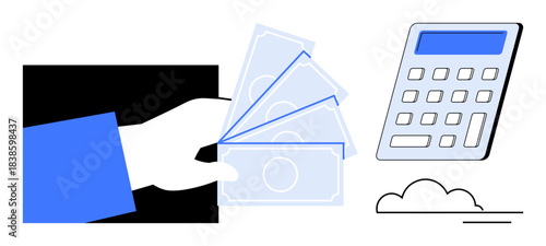 Budgeting, finance management, financial planning, investment calculations, business expenses, and banking. A hand holding money next to a calculator illustration. Budgeting and finance management