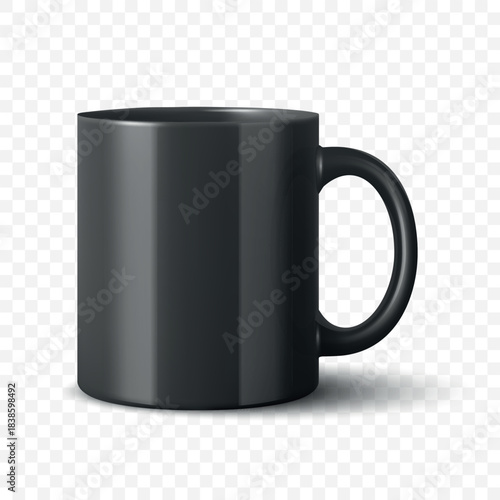 Vector 3D Realistic Black Ceramic Mug. Tea or Coffee Cup, Isolated. Blank Promotional Cup for Branding, Corporate Gift, Advertising, Merchandise, Logo Template, Mockup