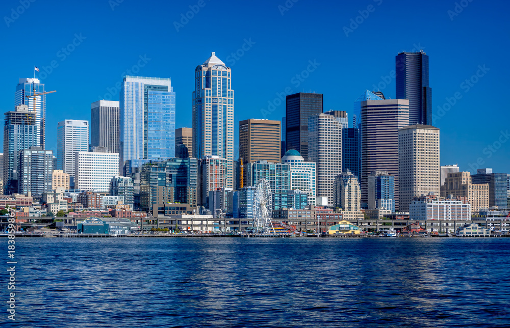 Fototapeta premium The Seattle Washington skyline from the waters of Puget Sound