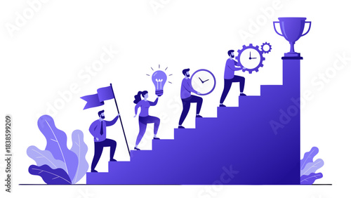 Diverse team ascending stairs towards success symbol with trophy and lightbulb representing goals achievement and teamwork in a gradient purple illustration with plant elements symbolizing growth and