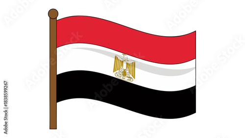 Egyptian flag waving on a flagpole with the eagle of Saladin in the center in front of a black background a symbol of freedom and patriotism