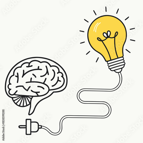 Brain and lightbulb connected by a wire representing ideas and innovation.