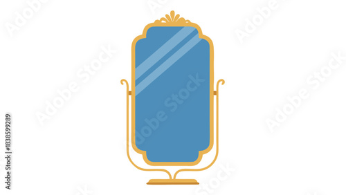 Elegant Ornate Gold Framed Full Length Mirror with Blue Reflective Surface on a Black Background
