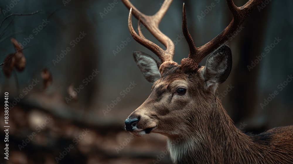 Obraz premium Noble Stag Portrait: Majestic Deer in Forest Setting Close-Up