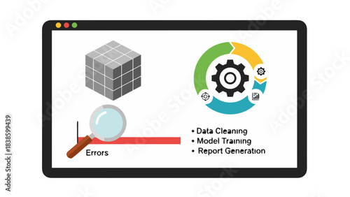 Digital Interface Displays Data Analytics Process with Magnifying Glass Over Errors and Workflow Cycle Diagram Representing Data Clearing Model Training and Report Generation