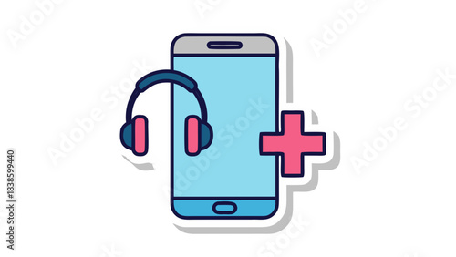 Digital Mobile Phone With Blue Headphones And Pink Plus Symbol Sticker Graphic Vector Illustration