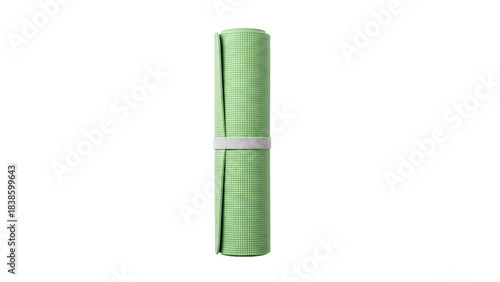 Studio image of a rolled up yoga mat, clean texture, high key white background