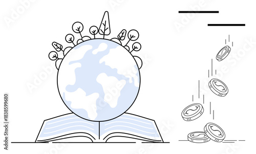 Education, environmental conservation, economic growth, global knowledge, investment, sustainability. A globe atop an open book with trees and falling coins. Education and environmental conservation