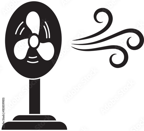 Cool Breeze: A monochrome illustration of a standing fan, conveying a sense of coolness, air movement and relief. The depiction is simple yet evocative, the flowing lines suggesting a refreshing gust.