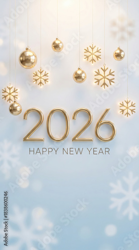 Happy New Year 2026 greeting with golden ornaments and snowflakes