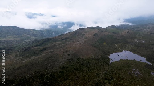Aerial Panorama of Andean Mountains Lake. High quality 4k footage