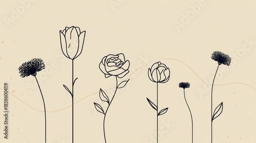 Minimalist botanical line art of diverse blossoms set against a warm beige background