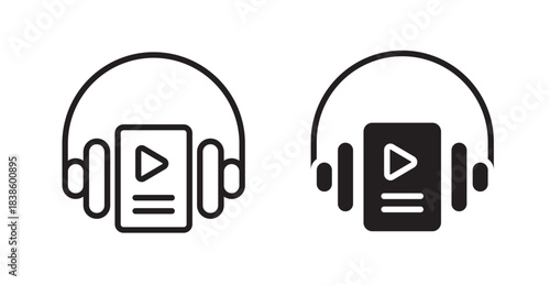 Audiobook icons, black line art and clipart vector logo