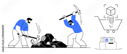Cryptocurrency concept. Cryptocurrency mining process ed by workers breaking rocks for digital coins. Blockchain visual emphasizing modern finance, mining, and innovation. For fintech, blockchain