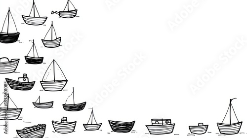 Black and white illustration with various sail and motor boats forming a visual border